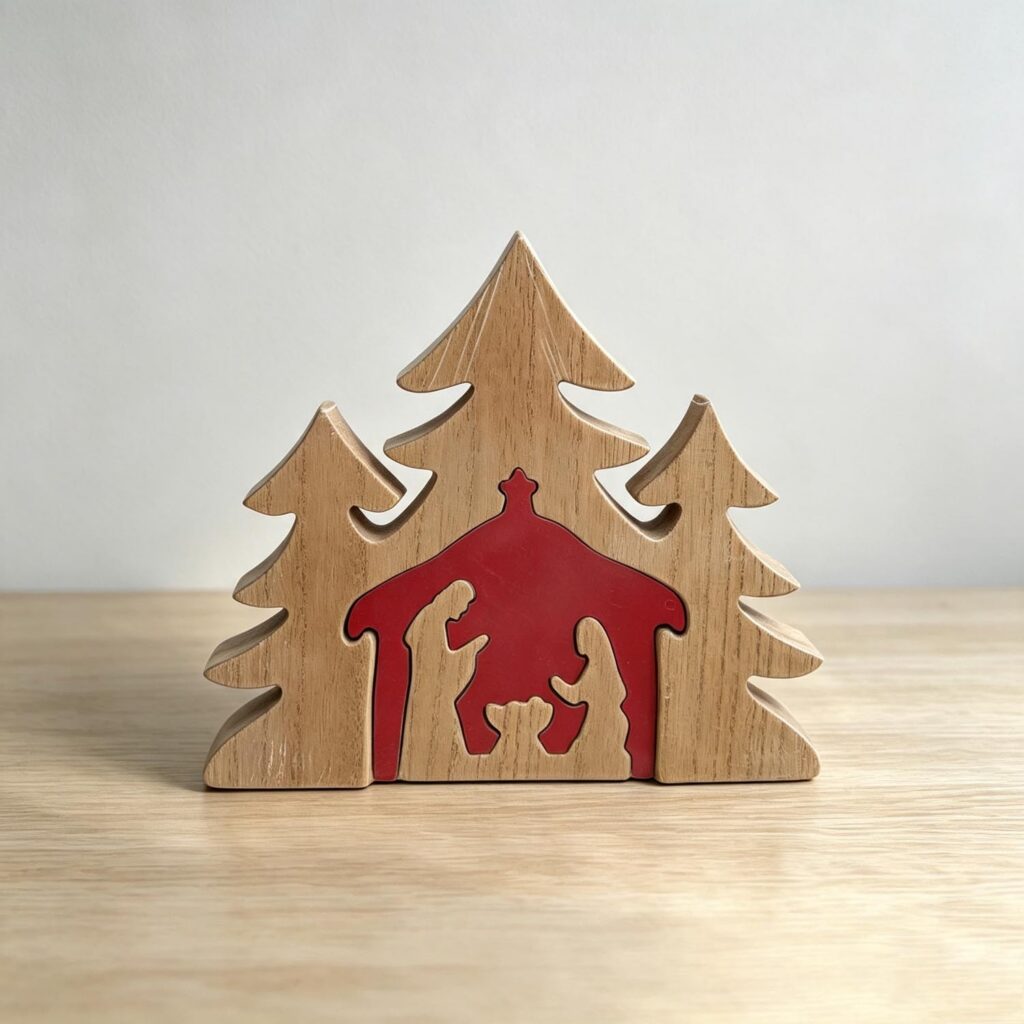 Wooden Puzzle‑Style Nativity Tree Decor - Spiritual &am...
