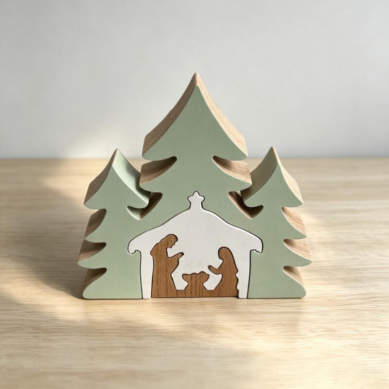 Puzzle‑Style Wooden Nativity Tree Decor - Spiritual &am...
