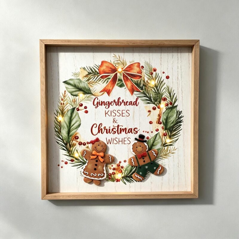 LED Wooden Shadow‑Box Frame with Gingerbread Man - Chri...