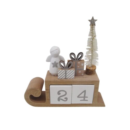 Adventskalender aus Holz in Form eines Schlittens mit Engelsfigur – Chris...