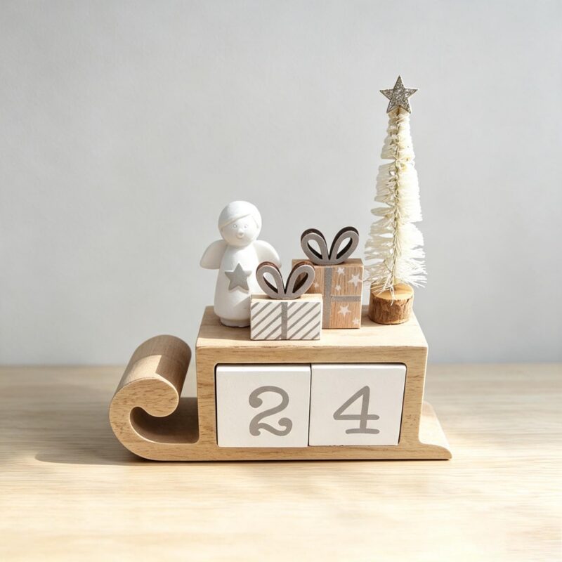 Adventskalender aus Holz in Form eines Schlittens mit Engelsfigur – Chris...