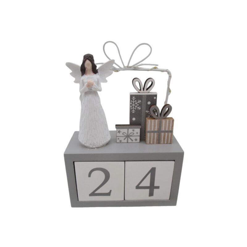 Wooden Block Advent Calendar with Angel Figurine & Light‑up Metal Frame...