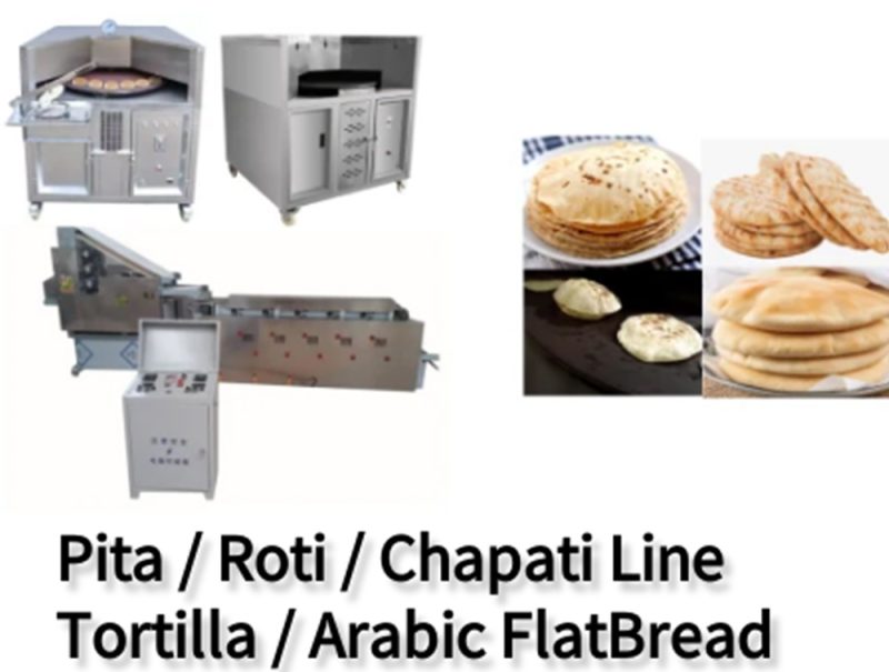 Automatic pita bread machine and flatbread production line — rotary roti oven, dough forming machine and conveyor tunnel oven by R&M Machinery