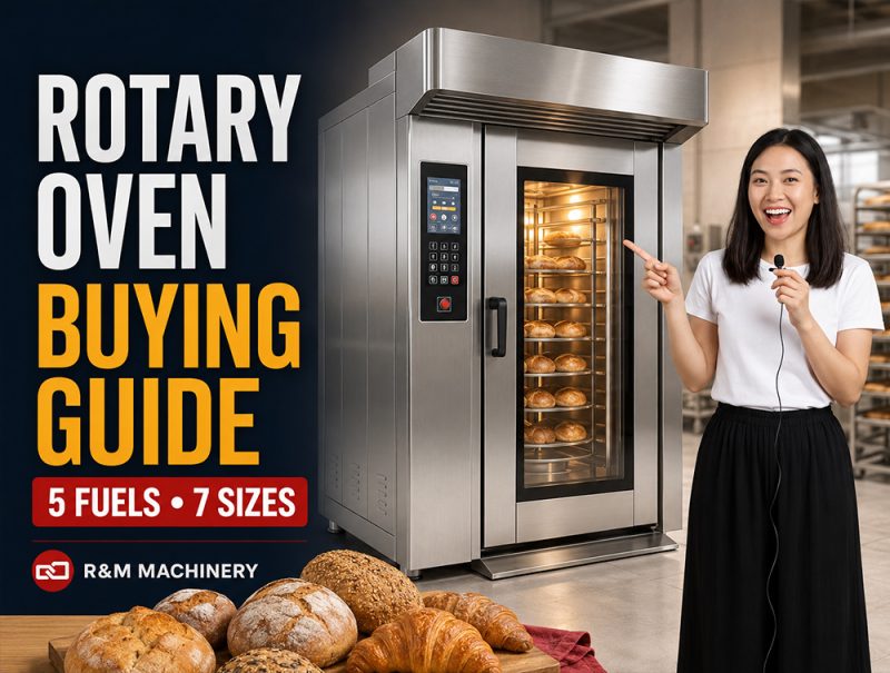 Commercial rotary rack oven types — gas, electric, diesel and dual fuel configurations in 12 to 64 tray capacities by R&M Machinery