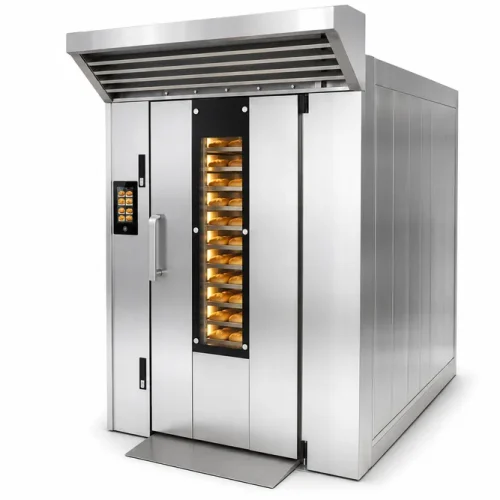 12 tray roll-in trolley oven front view — compact rotary rack oven with glass door
