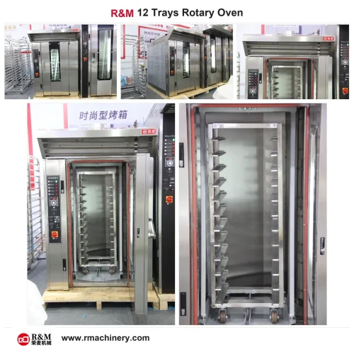 12 tray rotary rack oven detail collage — interior chamber, fan, tray slots and control panel