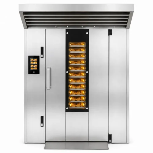 R&M 12 tray rotary rack oven render — compact trolley oven with stainless steel construction