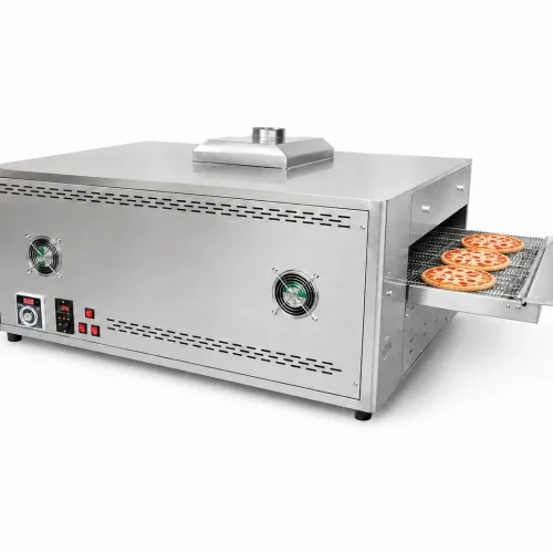 18 inch gas conveyor pizza oven with stainless steel body and exhaust chimney — restaurant production model