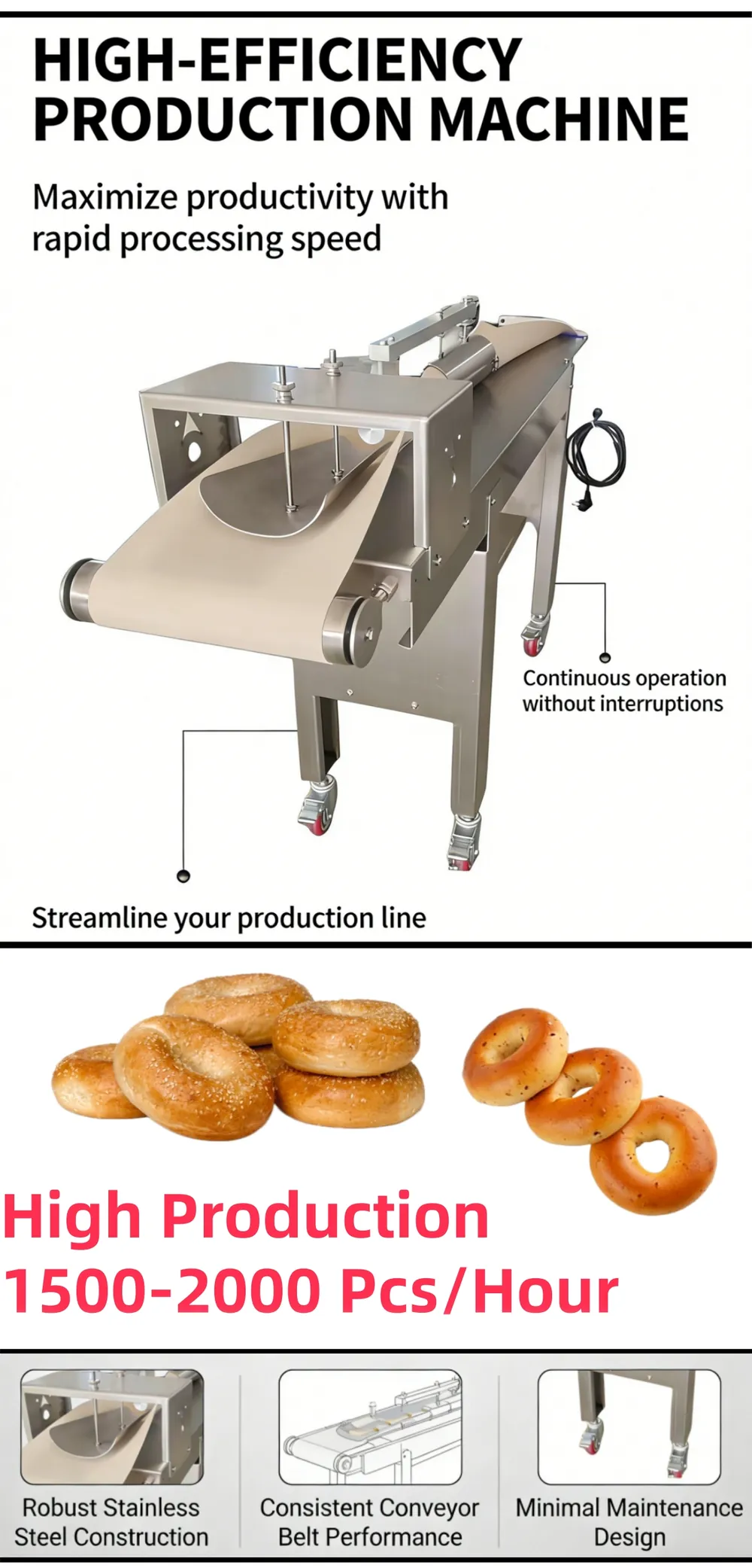 R&M bagel machine high-efficiency production 1500-2000 pcs per hour stainless steel construction