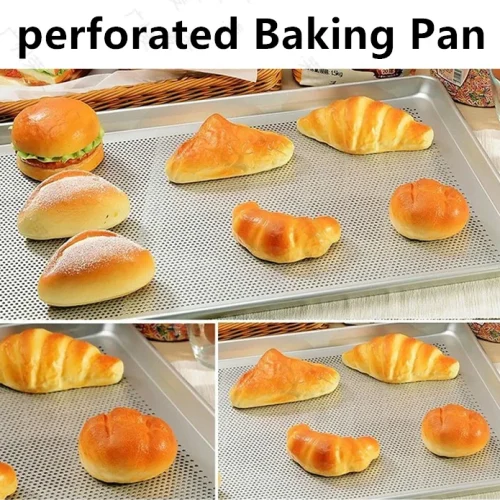 R&M perforated baking pan with croissants rolls and burger buns