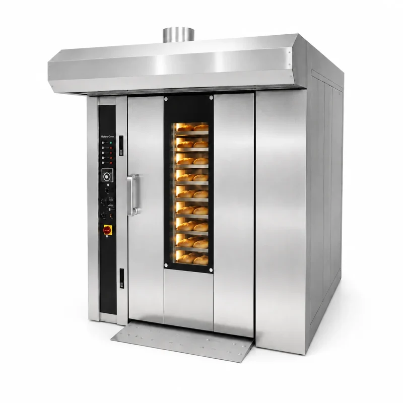 R&M 26 tray rotary oven — commercial rotating rack oven with bread loaded, angled view