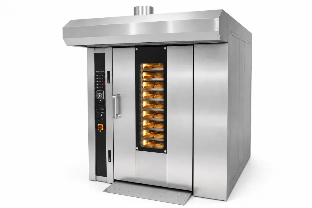 26 tray rotary oven angled view with bread loaded — high-capacity commercial rotating rack oven