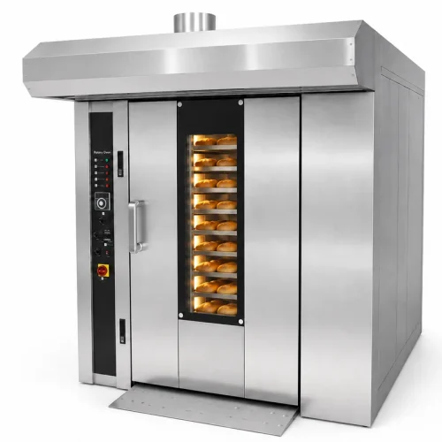 26 tray rotary oven angled view with bread loaded — high-capacity commercial rotating rack oven