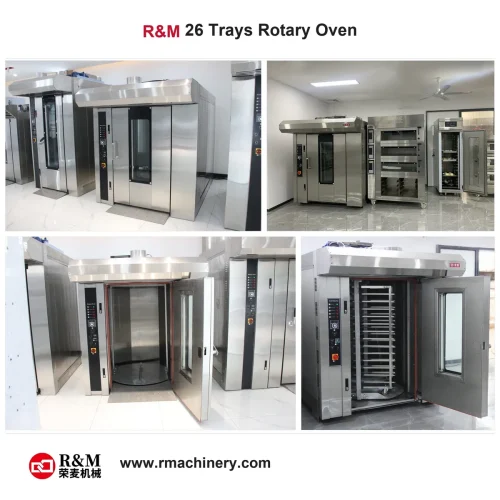 26 tray rotary oven detail collage — chamber construction insulation airflow and control panel