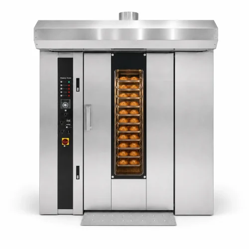 26 tray rotary oven front view bread loaded — commercial roll-in rack oven baking bread rolls