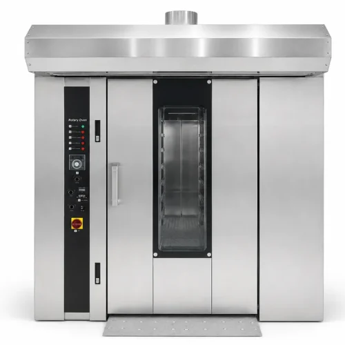 26 tray rotary oven front view empty chamber — commercial rack oven roll-in door open