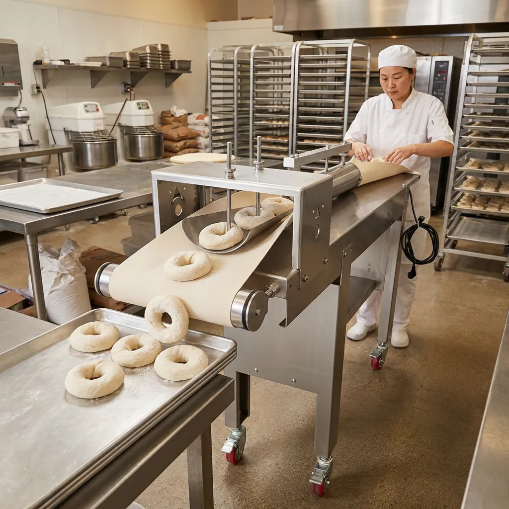R&M bagel maker machine in commercial café bakery production setting