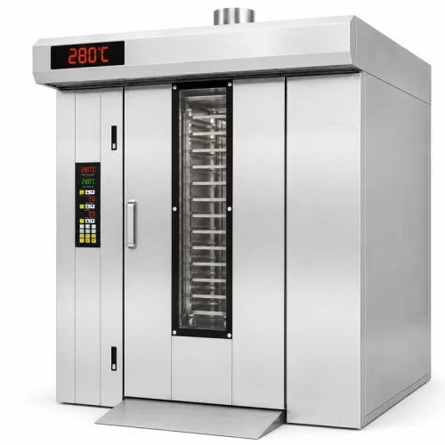 R&M industrial rotary oven lineup — 32 tray and larger capacity bakery rack oven series