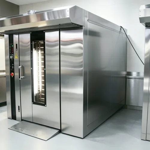 R&M 32 tray industrial rotary oven — heavy-gauge roll-in rack oven for high-volume baking