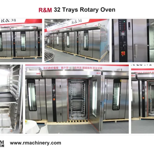 32 tray rotary oven detail collage — chamber, insulation, base and control components