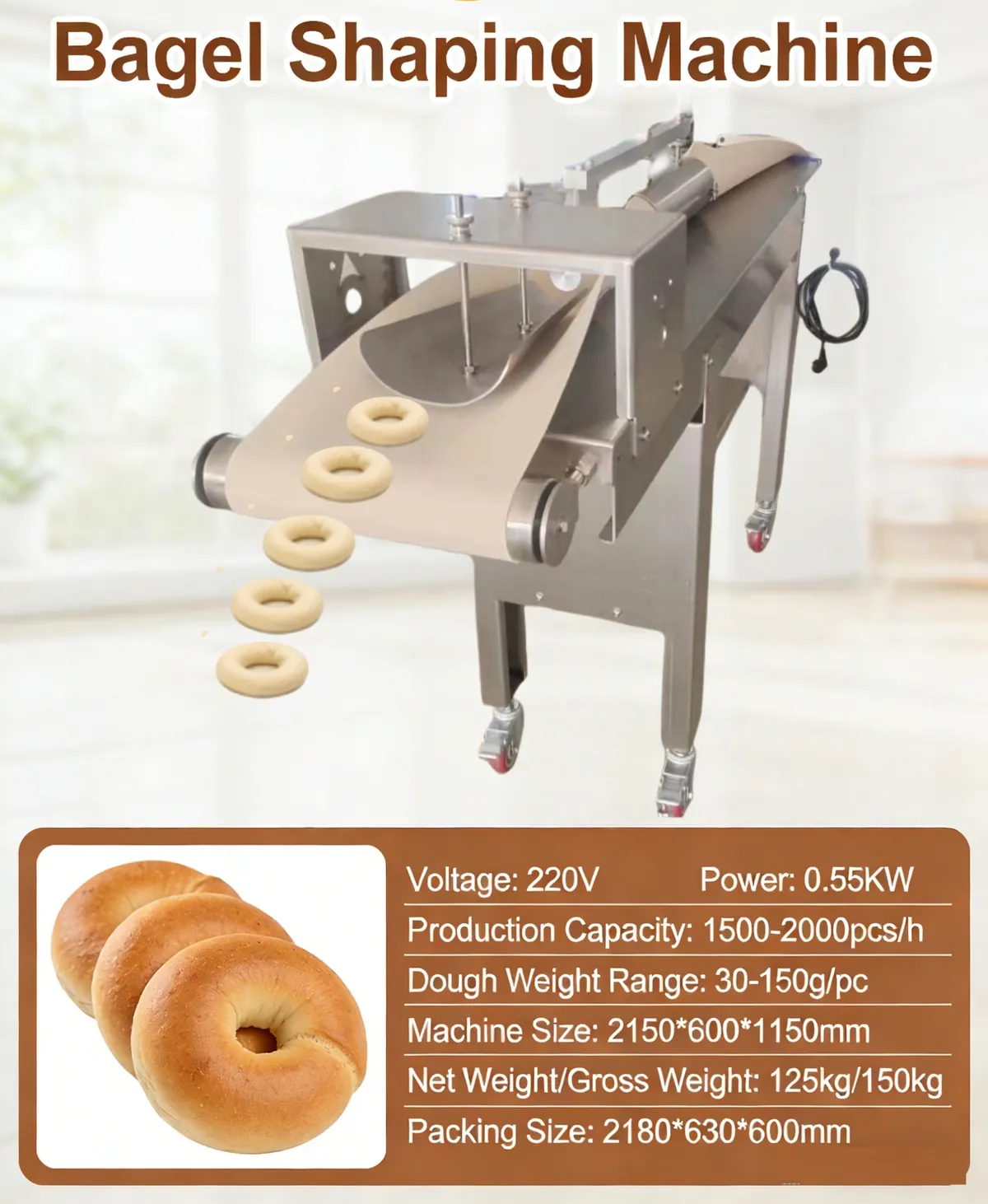 R&M bagel shaping machine specifications 220V 0.55KW 1500-2000 pcs per hour 30-150g dough