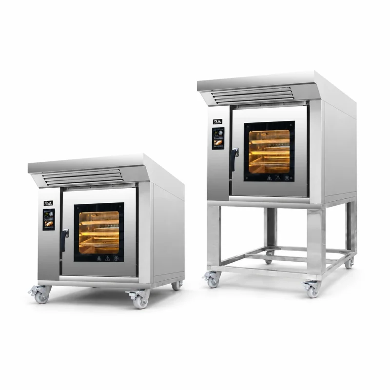 R&M 5 tray rotary oven — compact electric model with stand, low version side by side