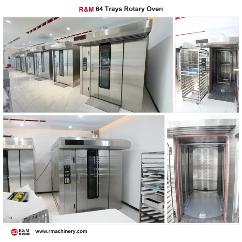 64 tray rotary oven engineering detail collage — chamber construction insulation and control