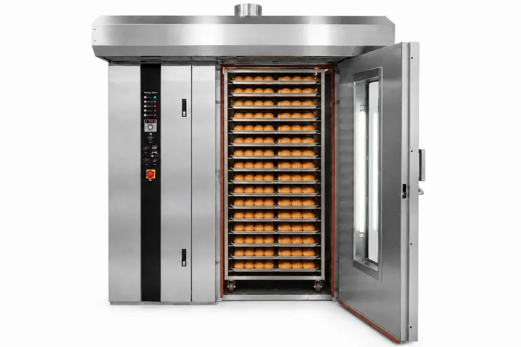 64 tray rotary oven plant-level production render — large industrial bakery oven site planning