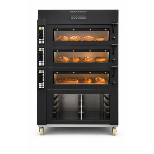 Silver 4-deck artisan bread oven with four independent PID control panels — RMO-214 wide model
