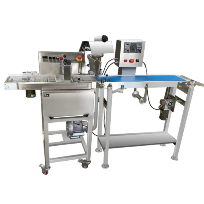 Automatic chocolate enrobing machine for cakes cookies and doughnuts