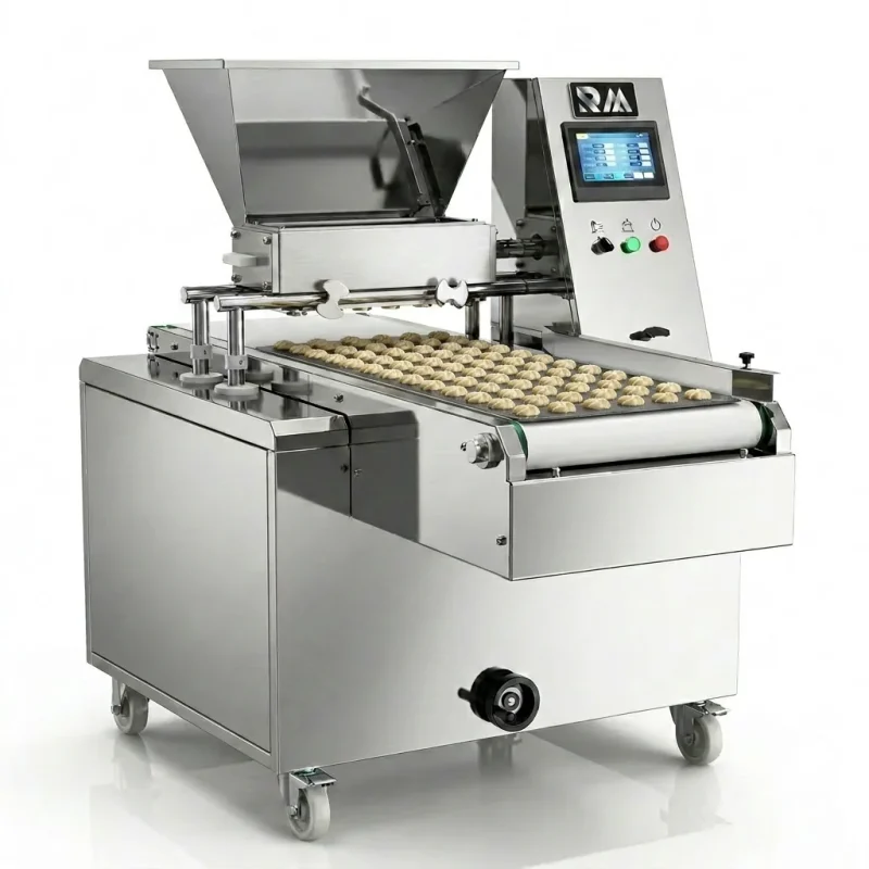 Automatic cookie depositor machine with rotary nozzles and conveyor