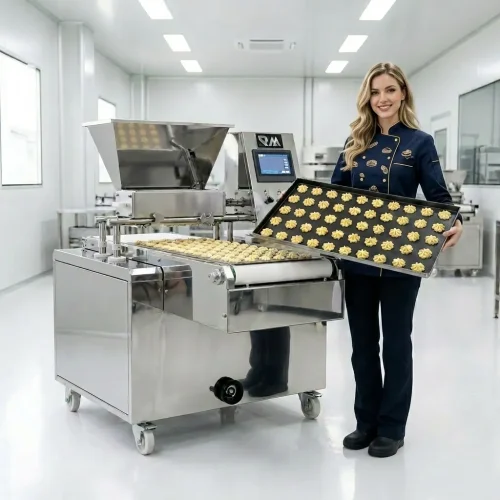 Automatic cookie machine with operator presenting a tray of patterned dough