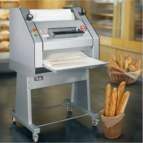 R&M RMZ-750 baguette moulder in bakery scene with raw and baked baguettes