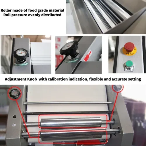 R&M RMZ-750 baguette moulder detail features — stainless body, large entrance, food-grade rollers, calibration knob, wheels and imported motor