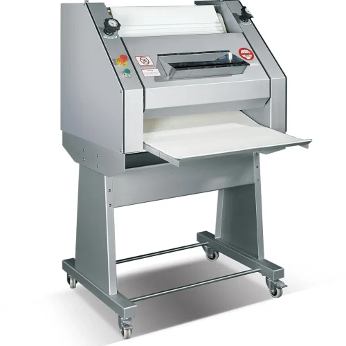 Side view of R&M RMZ-750 baguette moulder machine showing two-stage belt mechanism