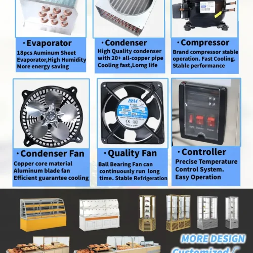 R&M bakery display case components evaporator condenser brand compressor fan controller details