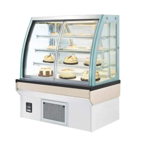 R&M bakery display case curved glass front white base refrigerated cake showcase 4 tiers