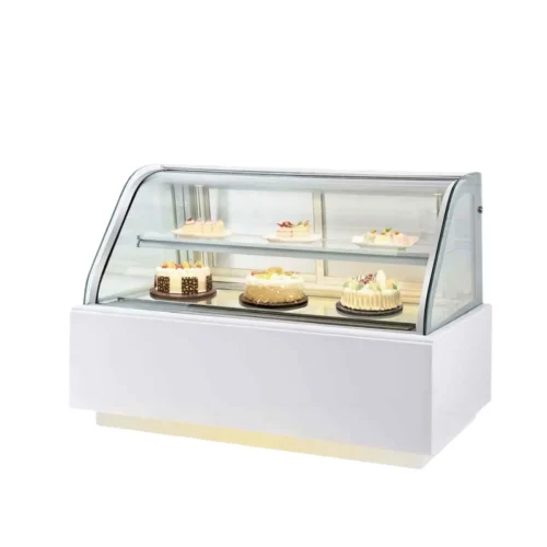R&M bakery display case white base curved front glass pastry and cake display 2 levels