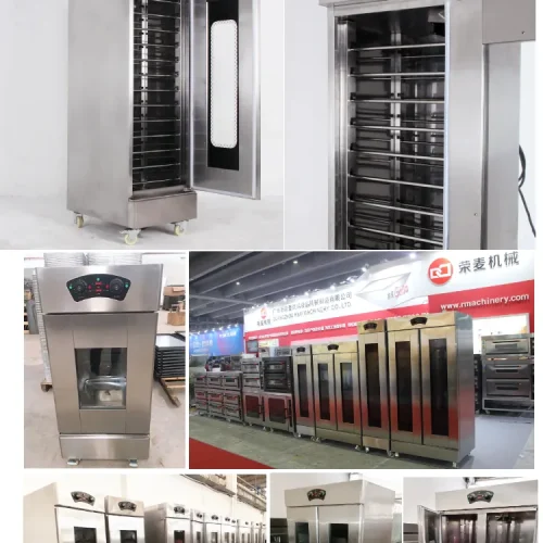R&M XF-series bread proofer product pictures — open door racks, control panel, showroom