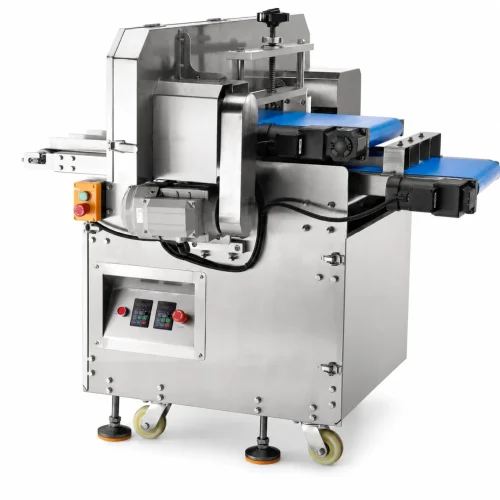 Burger bun slicer XYD-Q1 side view stainless steel dual conveyor height adjustment