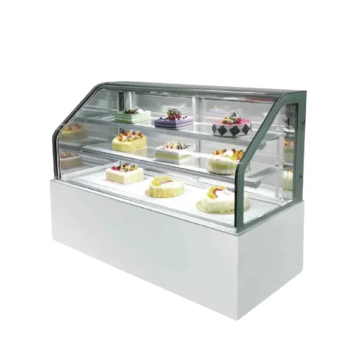 R&M cake display case three tier white base slant glass 9 cakes refrigerated
