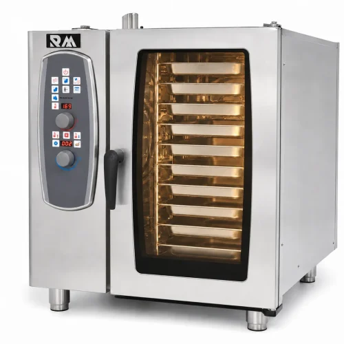 R&M 10 tray commercial combi oven with electronic control panel and open door showing GN tray racks