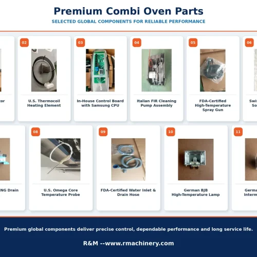Premium combi oven components — Italian FIR fan motor, Omega probe, Carlo Gavazzi relay and heating elements