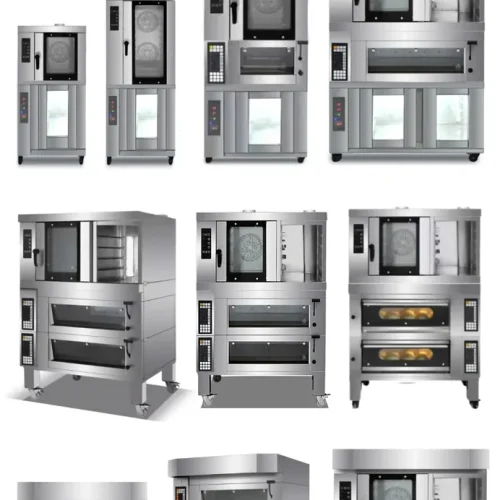 R&M combination deck convection oven in factory — convection oven stacked above stone deck sections
