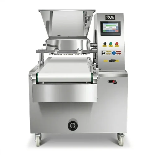 Commercial cookie machine with touchscreen control and tray conveyor
