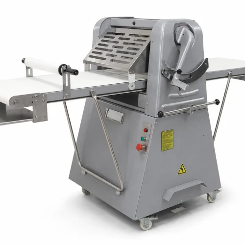 R&M dough sheeter auxiliary rolling pin holder and conveyor with catch tray