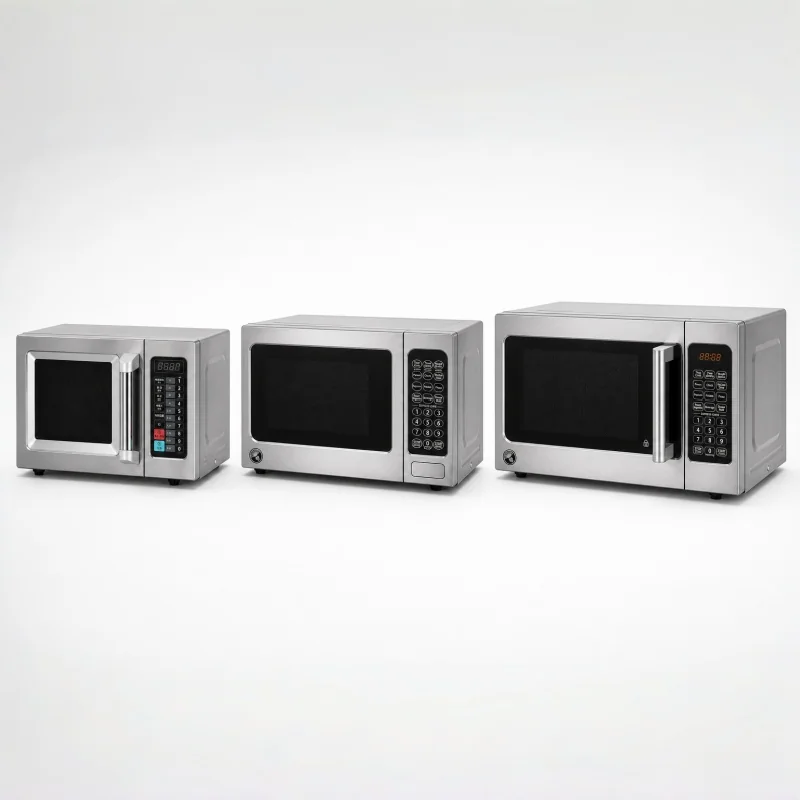 R&M commercial microwave ovens in 25 L, 45 L and 62 L capacities — stainless steel lineup for professional kitchens
