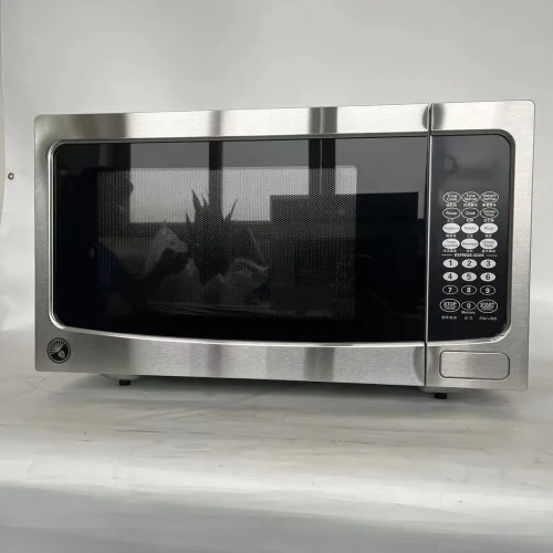 R&M 45 L commercial microwave oven on a restaurant counter — stainless steel body with clear control panel