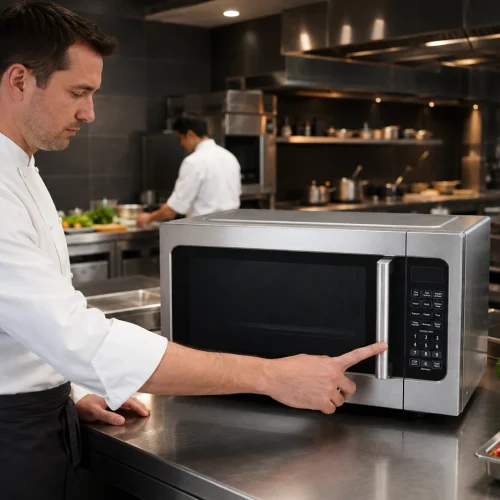 Chef using a large commercial microwave oven in a professional kitchen — reheating prepared food during service