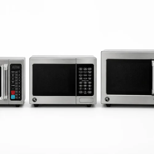 Three commercial microwave oven models lined up — 25 L, 45 L and 62 L comparison with control panels